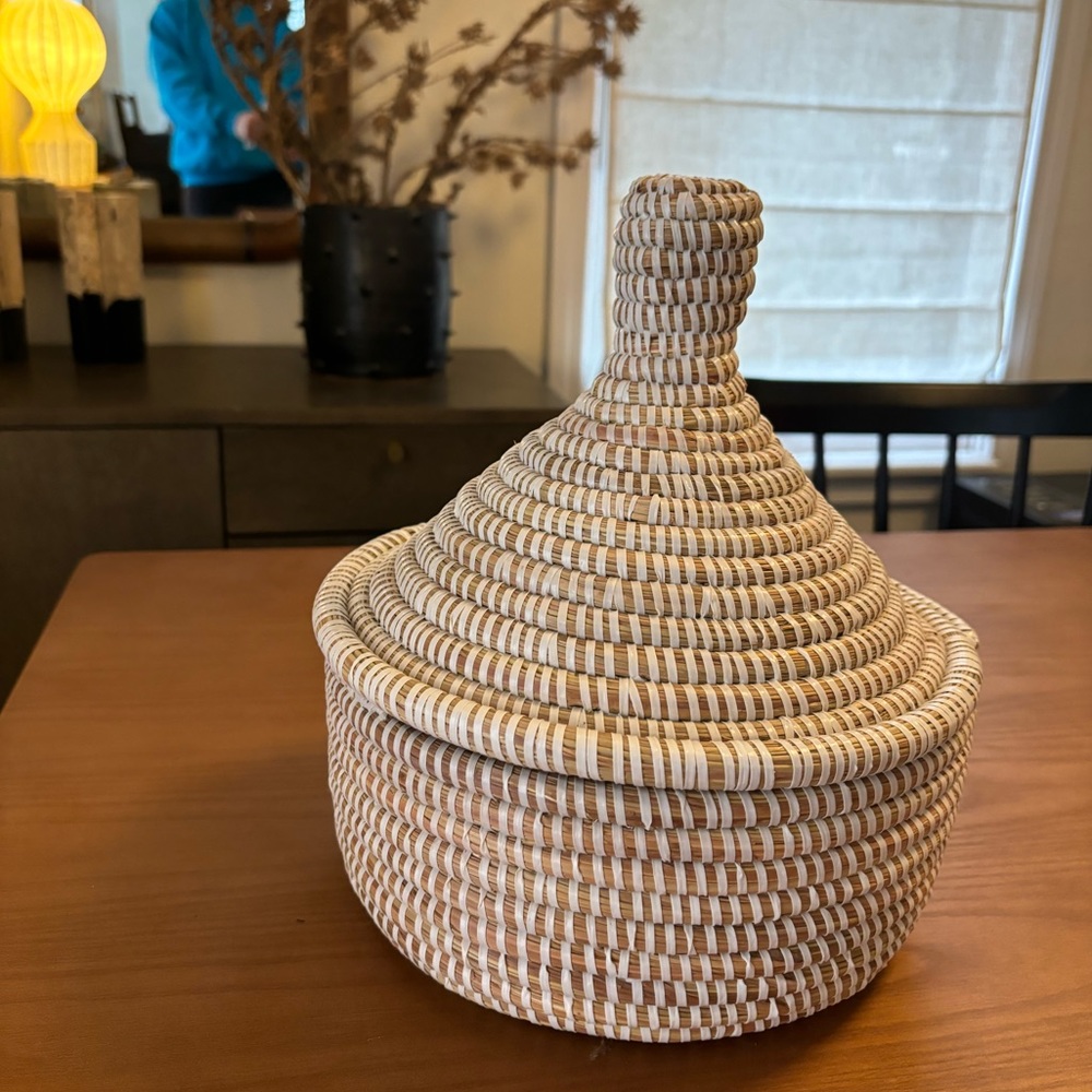 Brown and white African wicker lidded basket